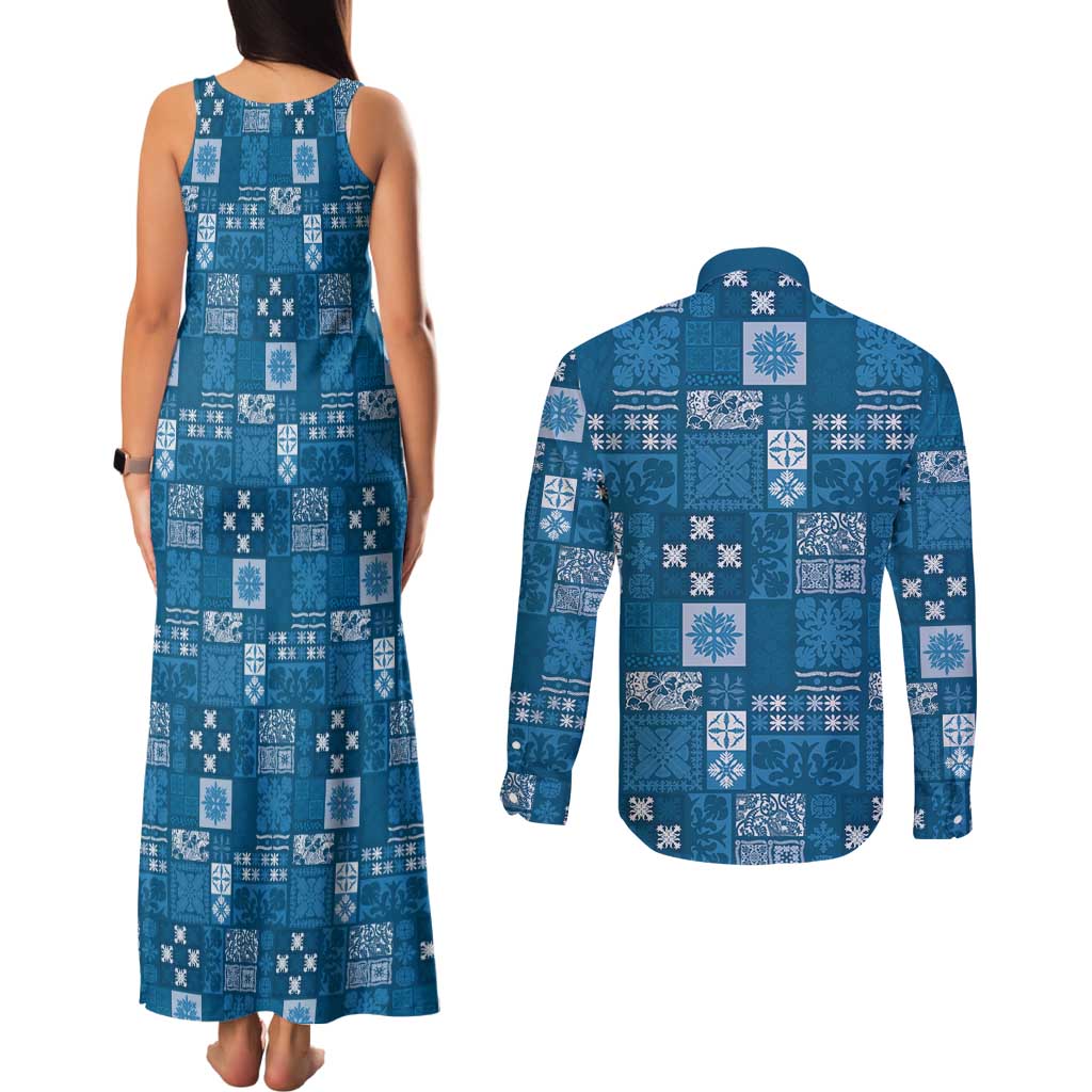 Vintage Hawaiian Quilting Patterns Couples Matching Tank Maxi Dress and Long Sleeve Button Shirt Blue Style Tribal Fabric Patchwork - Polynesian Pride