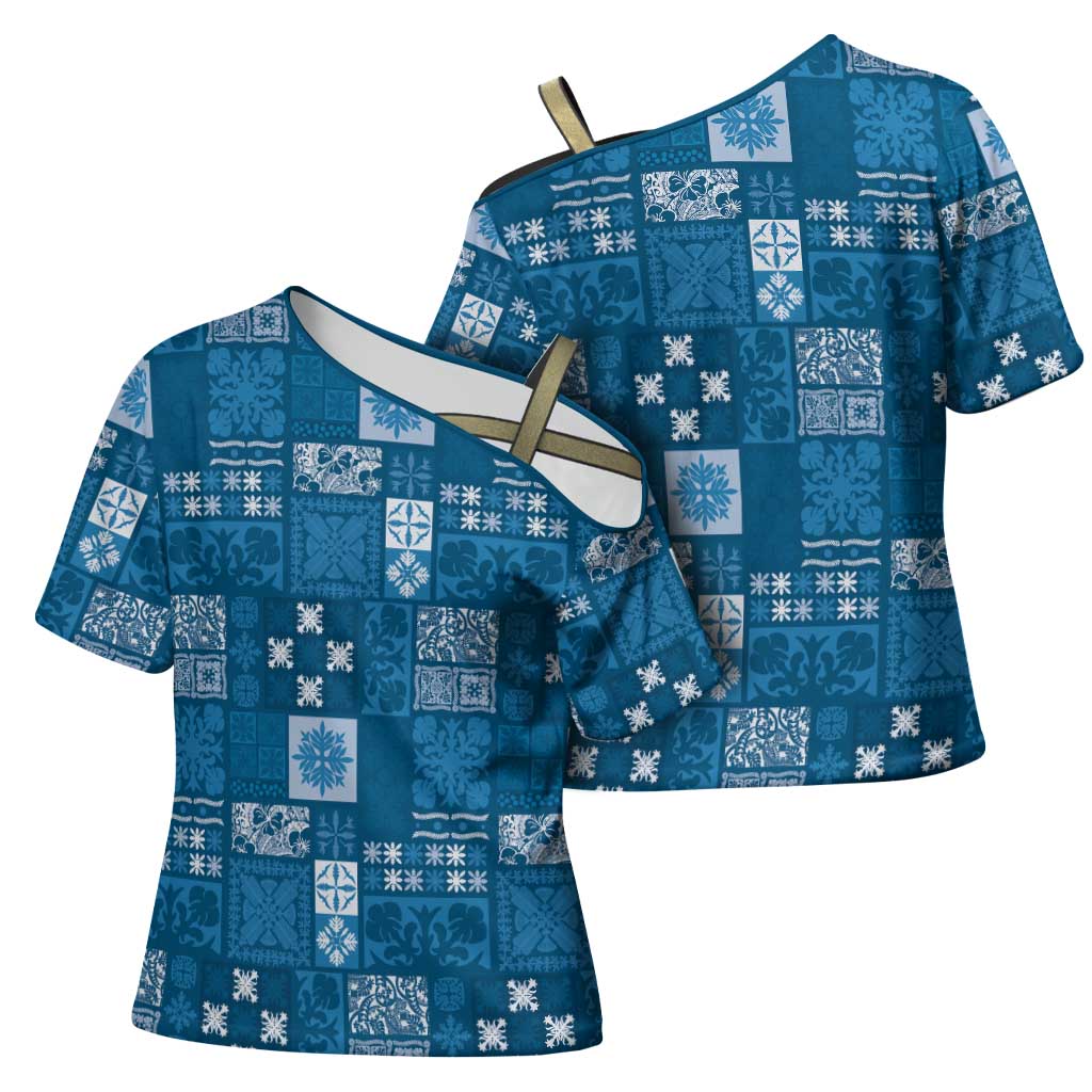 Vintage Hawaiian Quilting Patterns Cross Shoulder Shirt Blue Style Tribal Fabric Patchwork - Polynesian Pride