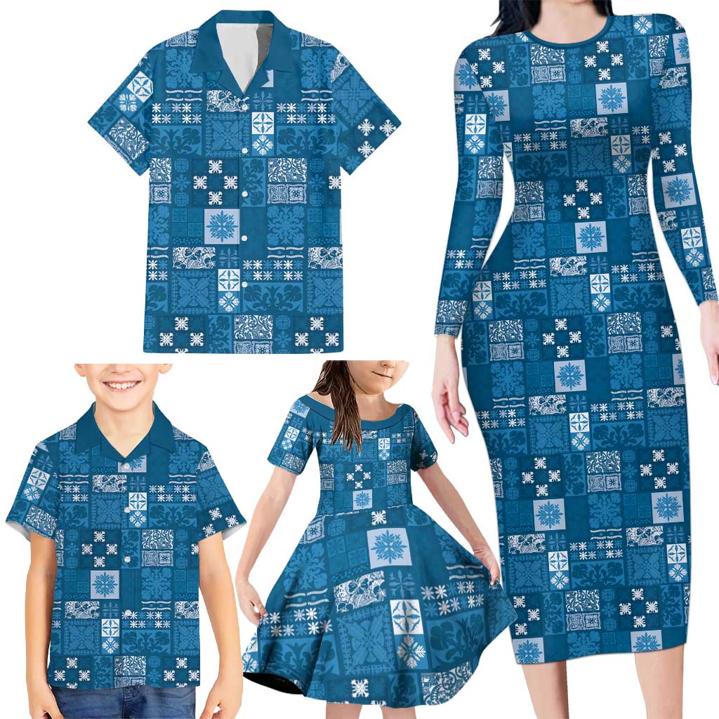 Vintage Hawaiian Quilting Patterns Family Matching Long Sleeve Bodycon Dress and Hawaiian Shirt Blue Style Tribal Fabric Patchwork - Polynesian Pride