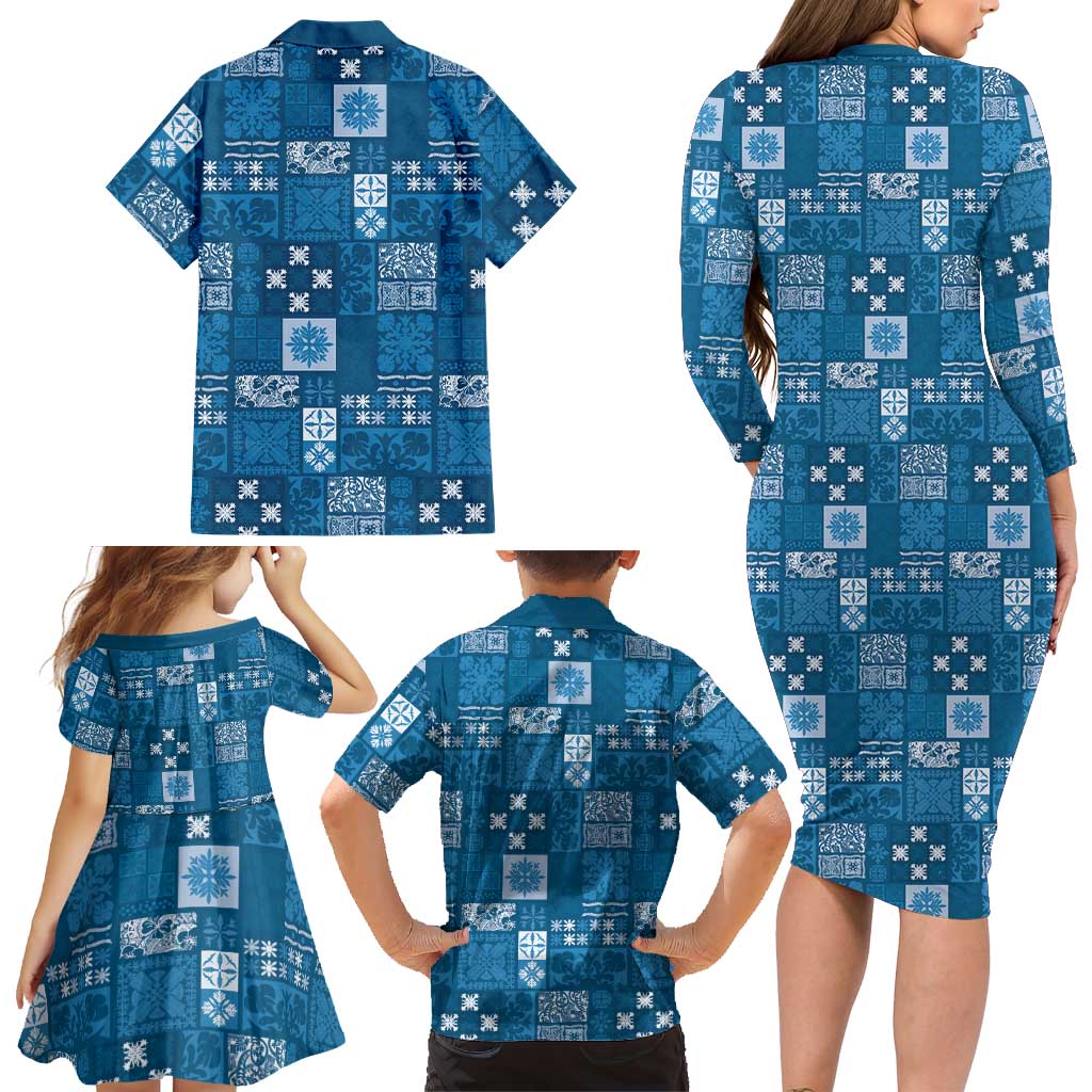 Vintage Hawaiian Quilting Patterns Family Matching Long Sleeve Bodycon Dress and Hawaiian Shirt Blue Style Tribal Fabric Patchwork - Polynesian Pride