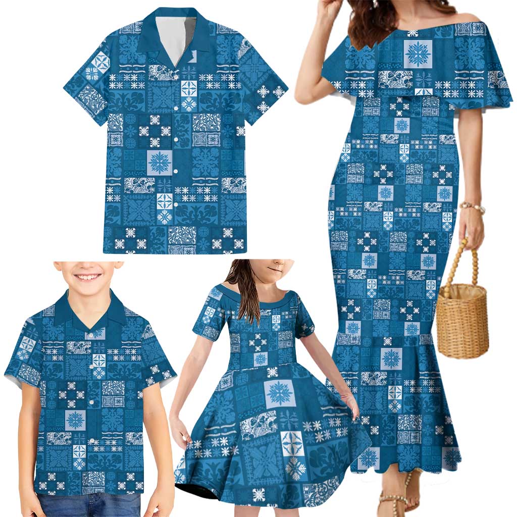 Vintage Hawaiian Quilting Patterns Family Matching Mermaid Dress and Hawaiian Shirt Blue Style Tribal Fabric Patchwork - Polynesian Pride