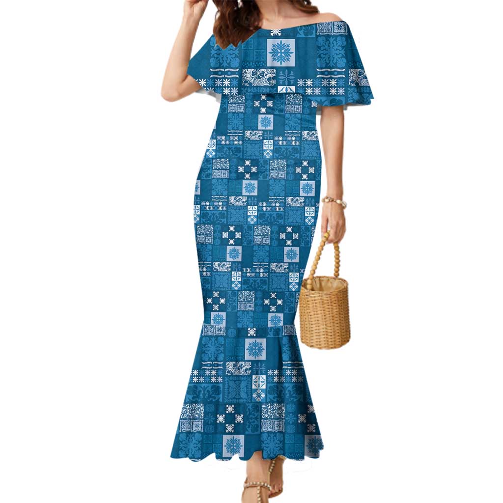 Vintage Hawaiian Quilting Patterns Family Matching Mermaid Dress and Hawaiian Shirt Blue Style Tribal Fabric Patchwork - Polynesian Pride
