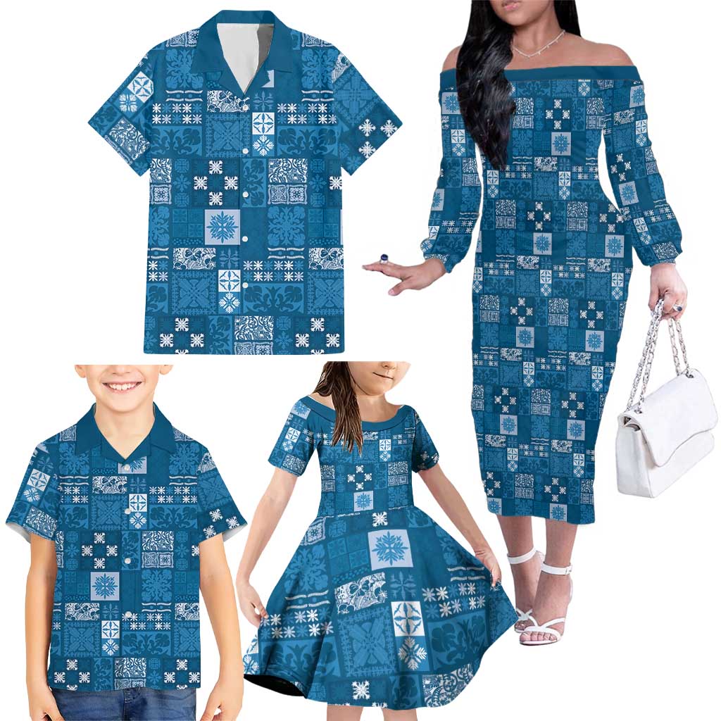 Vintage Hawaiian Quilting Patterns Family Matching Off The Shoulder Long Sleeve Dress and Hawaiian Shirt Blue Style Tribal Fabric Patchwork - Polynesian Pride