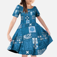 Vintage Hawaiian Quilting Patterns Family Matching Off Shoulder Maxi Dress and Hawaiian Shirt Blue Style Tribal Fabric Patchwork - Polynesian Pride