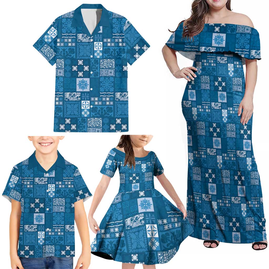 Vintage Hawaiian Quilting Patterns Family Matching Off Shoulder Maxi Dress and Hawaiian Shirt Blue Style Tribal Fabric Patchwork - Polynesian Pride