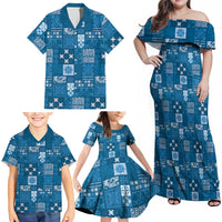 Vintage Hawaiian Quilting Patterns Family Matching Off Shoulder Maxi Dress and Hawaiian Shirt Blue Style Tribal Fabric Patchwork - Polynesian Pride