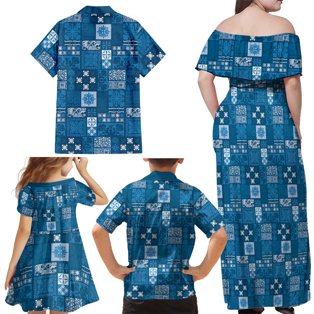 Vintage Hawaiian Quilting Patterns Family Matching Off Shoulder Maxi Dress and Hawaiian Shirt Blue Style Tribal Fabric Patchwork - Polynesian Pride