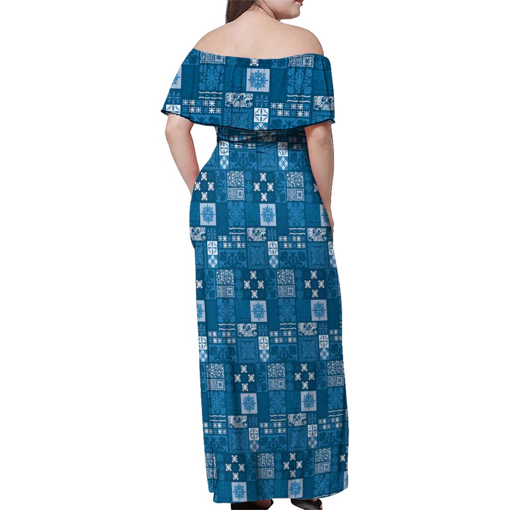 Vintage Hawaiian Quilting Patterns Family Matching Off Shoulder Maxi Dress and Hawaiian Shirt Blue Style Tribal Fabric Patchwork - Polynesian Pride