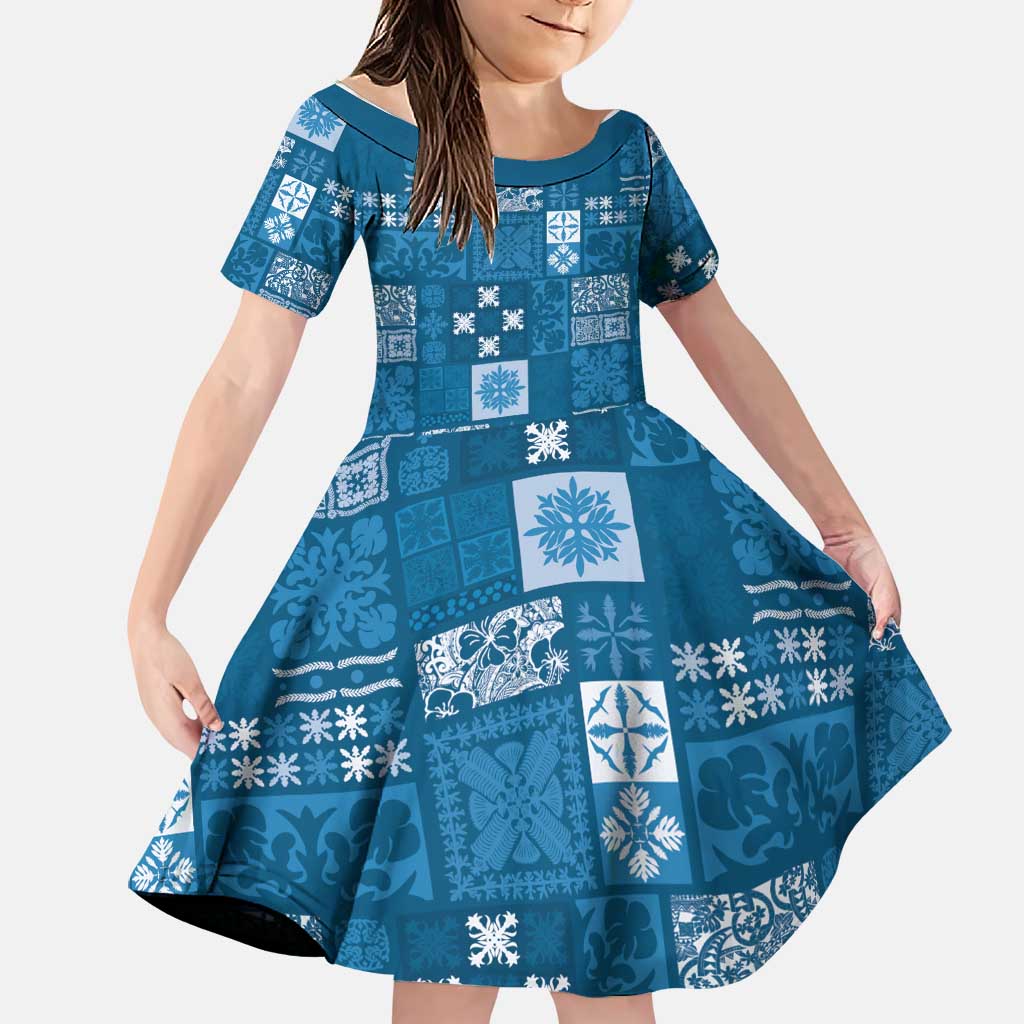 Vintage Hawaiian Quilting Patterns Family Matching Off Shoulder Short Dress and Hawaiian Shirt Blue Style Tribal Fabric Patchwork - Polynesian Pride