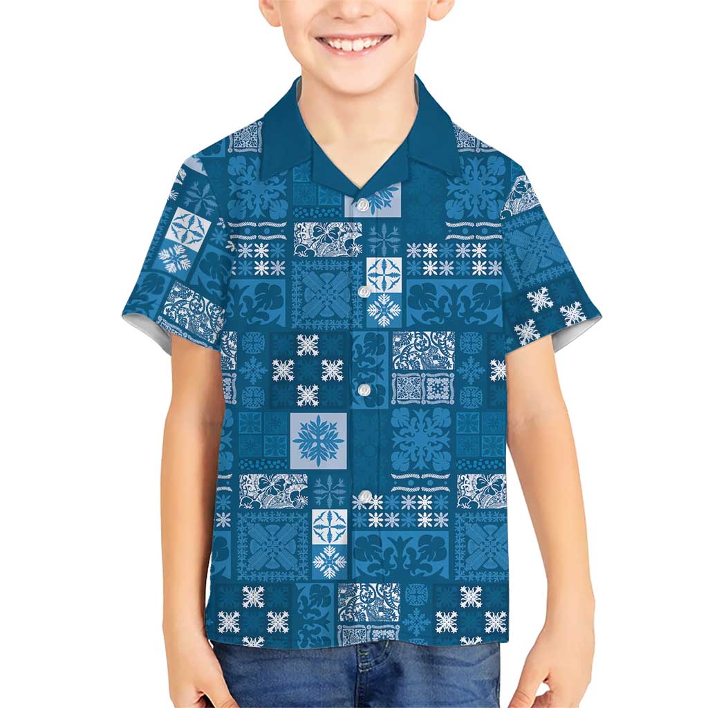 Vintage Hawaiian Quilting Patterns Family Matching Off Shoulder Short Dress and Hawaiian Shirt Blue Style Tribal Fabric Patchwork - Polynesian Pride