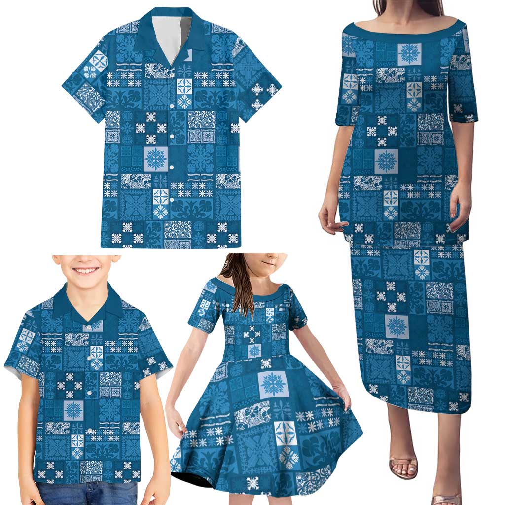 Vintage Hawaiian Quilting Patterns Family Matching Puletasi and Hawaiian Shirt Blue Style Tribal Fabric Patchwork - Polynesian Pride