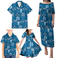 Vintage Hawaiian Quilting Patterns Family Matching Puletasi and Hawaiian Shirt Blue Style Tribal Fabric Patchwork - Polynesian Pride