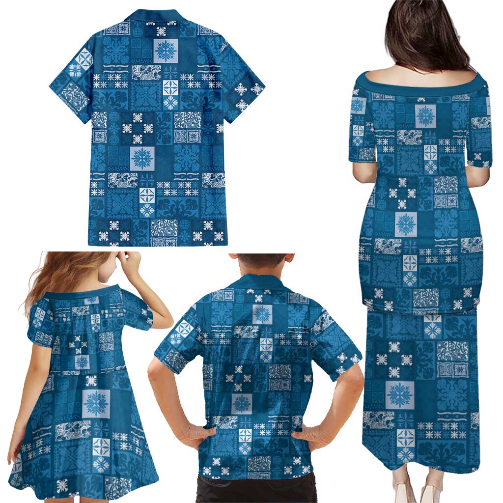 Vintage Hawaiian Quilting Patterns Family Matching Puletasi and Hawaiian Shirt Blue Style Tribal Fabric Patchwork - Polynesian Pride