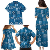 Vintage Hawaiian Quilting Patterns Family Matching Puletasi and Hawaiian Shirt Blue Style Tribal Fabric Patchwork - Polynesian Pride