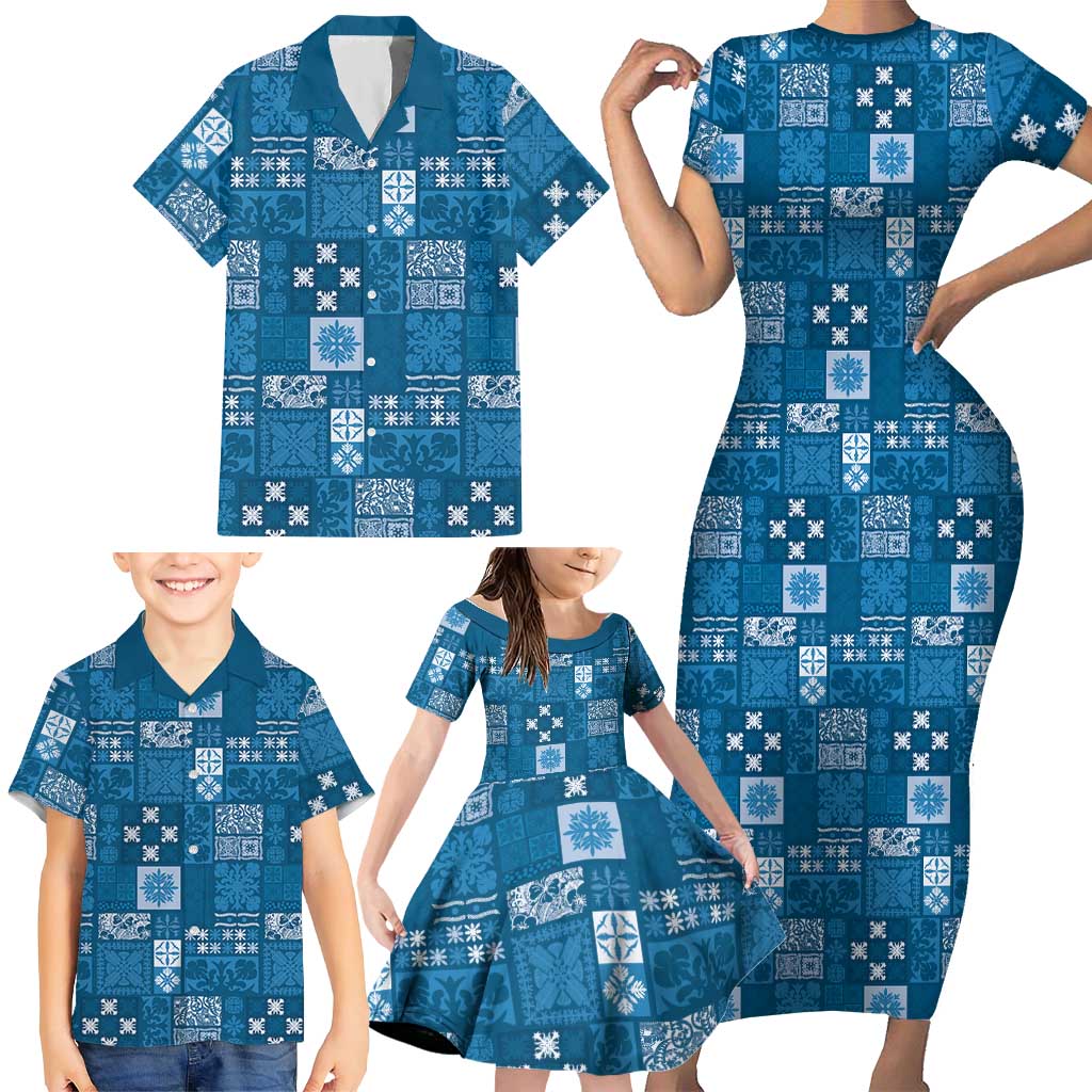 Vintage Hawaiian Quilting Patterns Family Matching Short Sleeve Bodycon Dress and Hawaiian Shirt Blue Style Tribal Fabric Patchwork - Polynesian Pride