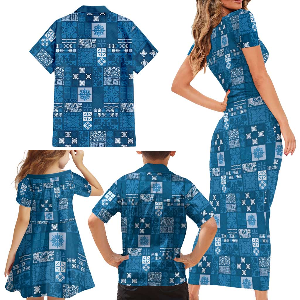 Vintage Hawaiian Quilting Patterns Family Matching Short Sleeve Bodycon Dress and Hawaiian Shirt Blue Style Tribal Fabric Patchwork - Polynesian Pride