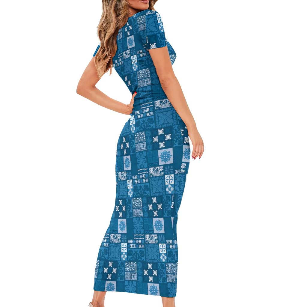 Vintage Hawaiian Quilting Patterns Family Matching Short Sleeve Bodycon Dress and Hawaiian Shirt Blue Style Tribal Fabric Patchwork - Polynesian Pride