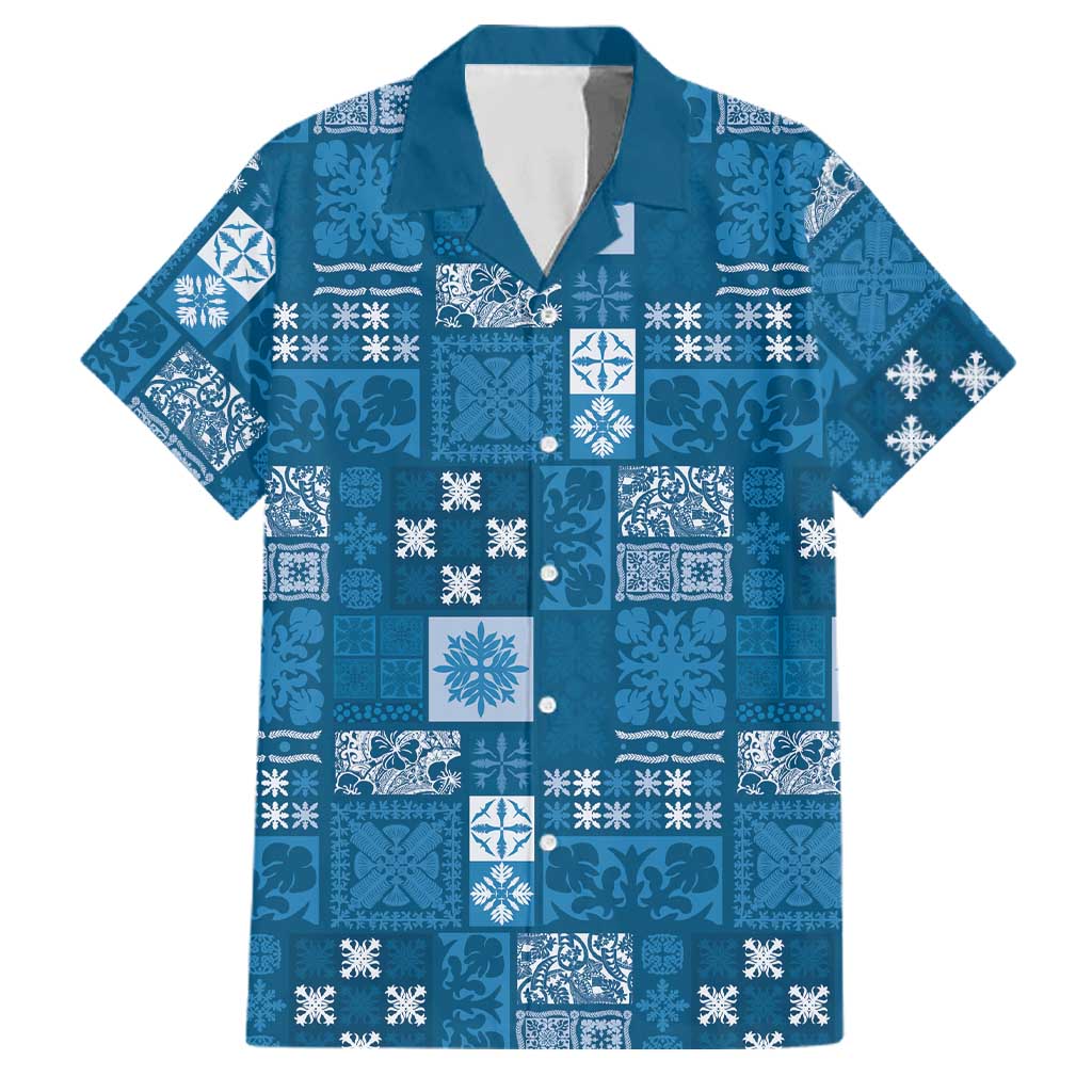 Vintage Hawaiian Quilting Patterns Family Matching Summer Maxi Dress and Hawaiian Shirt Blue Style Tribal Fabric Patchwork - Polynesian Pride