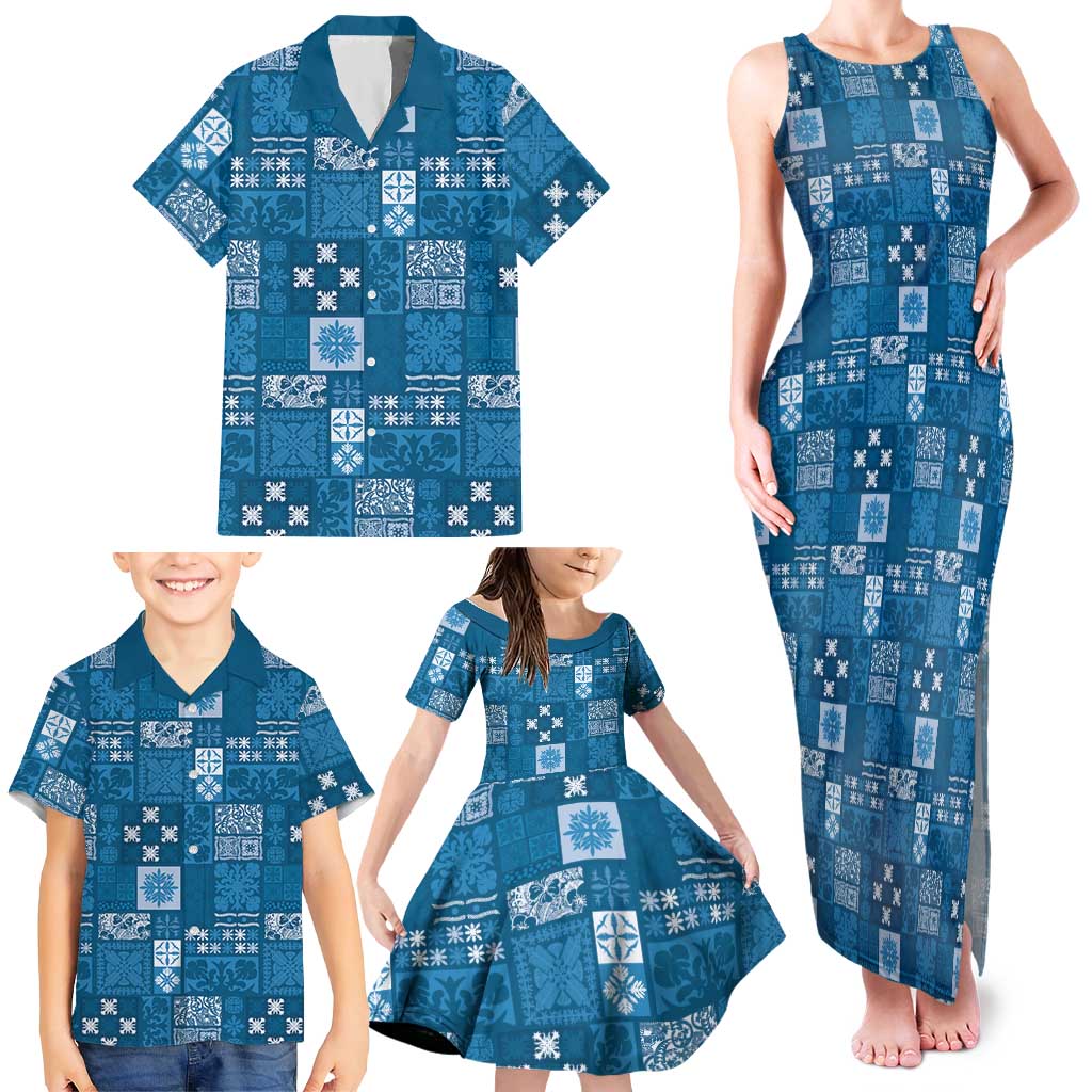 Vintage Hawaiian Quilting Patterns Family Matching Tank Maxi Dress and Hawaiian Shirt Blue Style Tribal Fabric Patchwork - Polynesian Pride