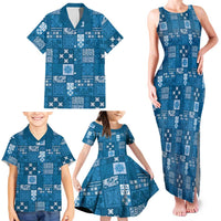 Vintage Hawaiian Quilting Patterns Family Matching Tank Maxi Dress and Hawaiian Shirt Blue Style Tribal Fabric Patchwork - Polynesian Pride