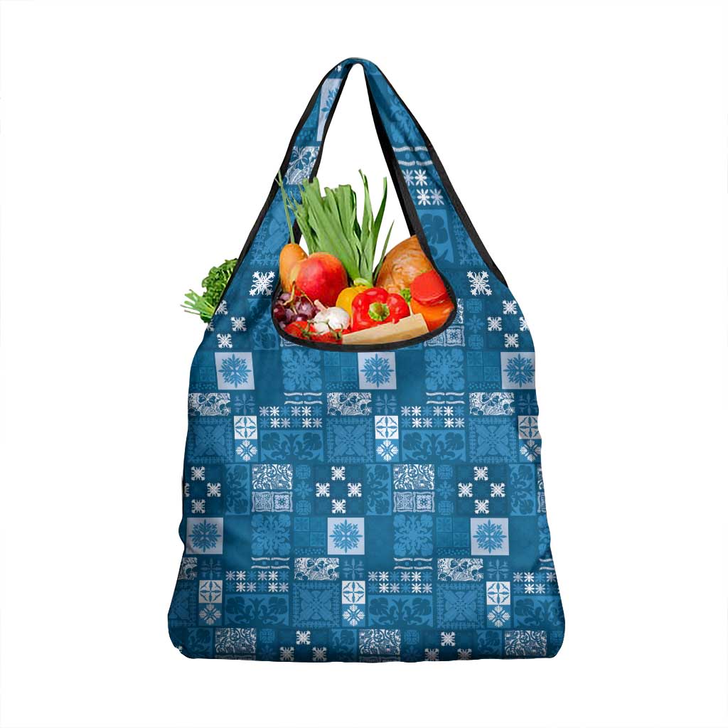 Vintage Hawaiian Quilting Patterns Grocery Bag Blue Style Tribal Fabric Patchwork - Polynesian Pride