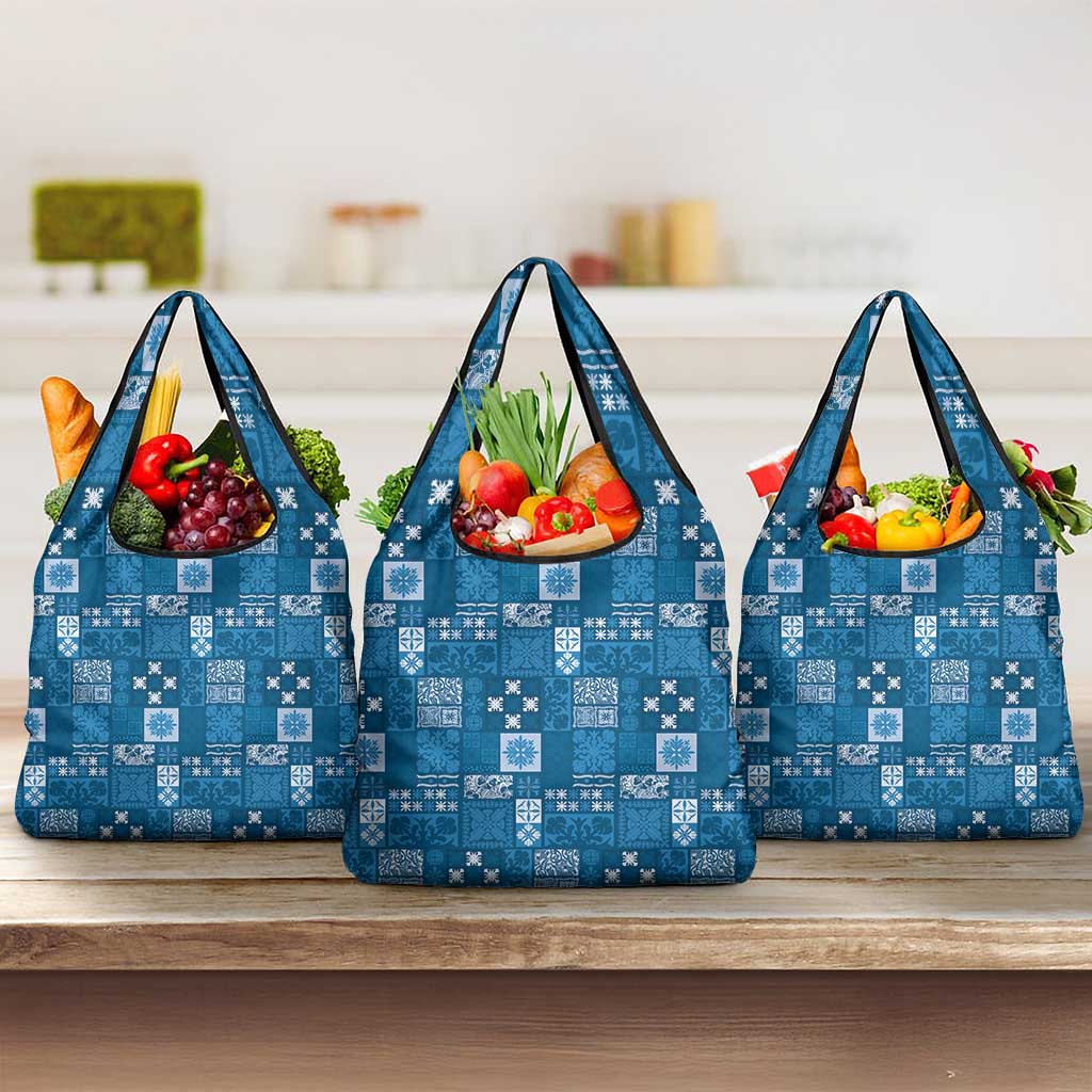 Vintage Hawaiian Quilting Patterns Grocery Bag Blue Style Tribal Fabric Patchwork - Polynesian Pride