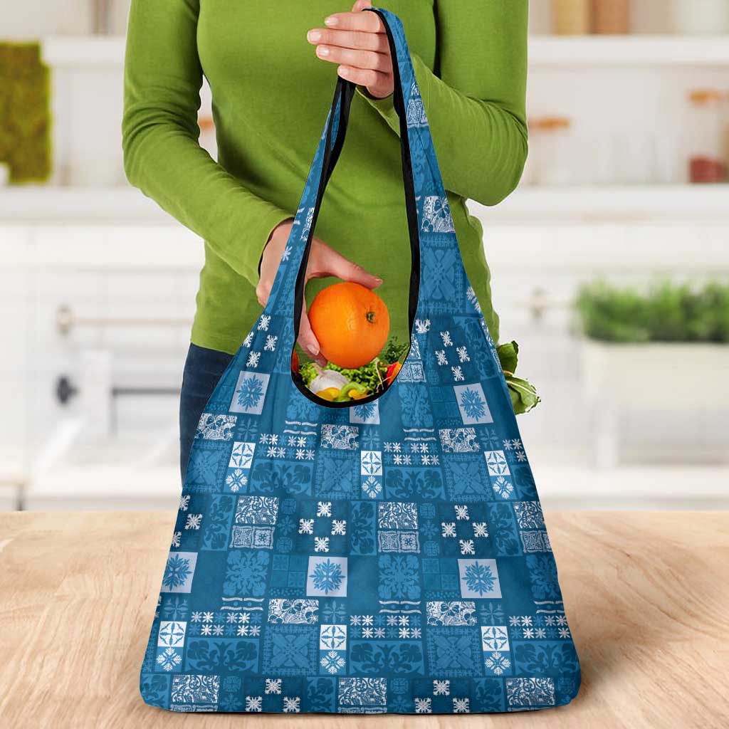 Vintage Hawaiian Quilting Patterns Grocery Bag Blue Style Tribal Fabric Patchwork - Polynesian Pride