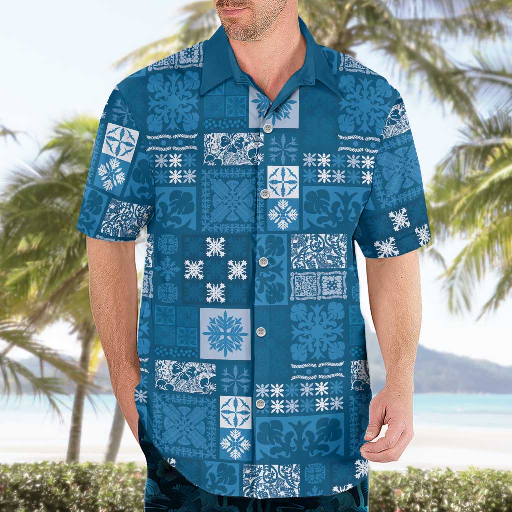 Vintage Hawaiian Quilting Patterns Hawaiian Shirt Blue Style Tribal Fabric Patchwork - Polynesian Pride