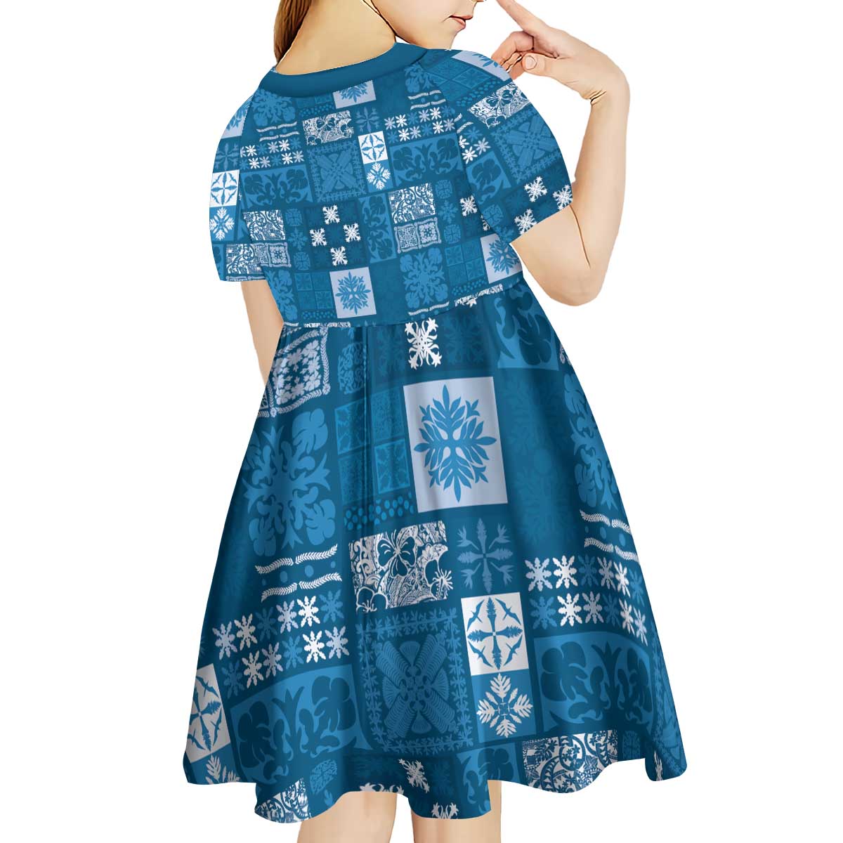 Vintage Hawaiian Quilting Patterns Kid Short Sleeve Dress Blue Style Tribal Fabric Patchwork - Polynesian Pride