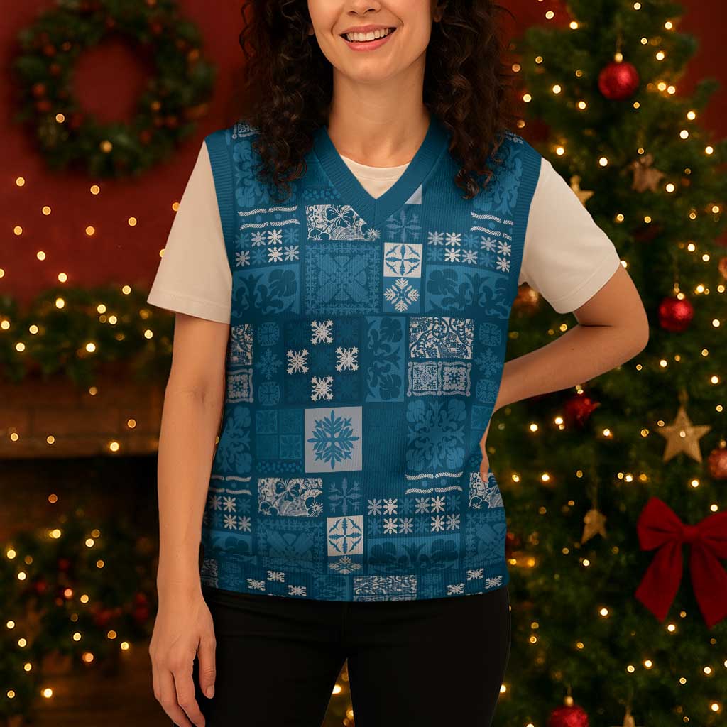 Vintage Hawaiian Quilting Patterns Christmas Knitted V-Neck Vest Blue Style Tribal Fabric Patchwork - Polynesian Pride