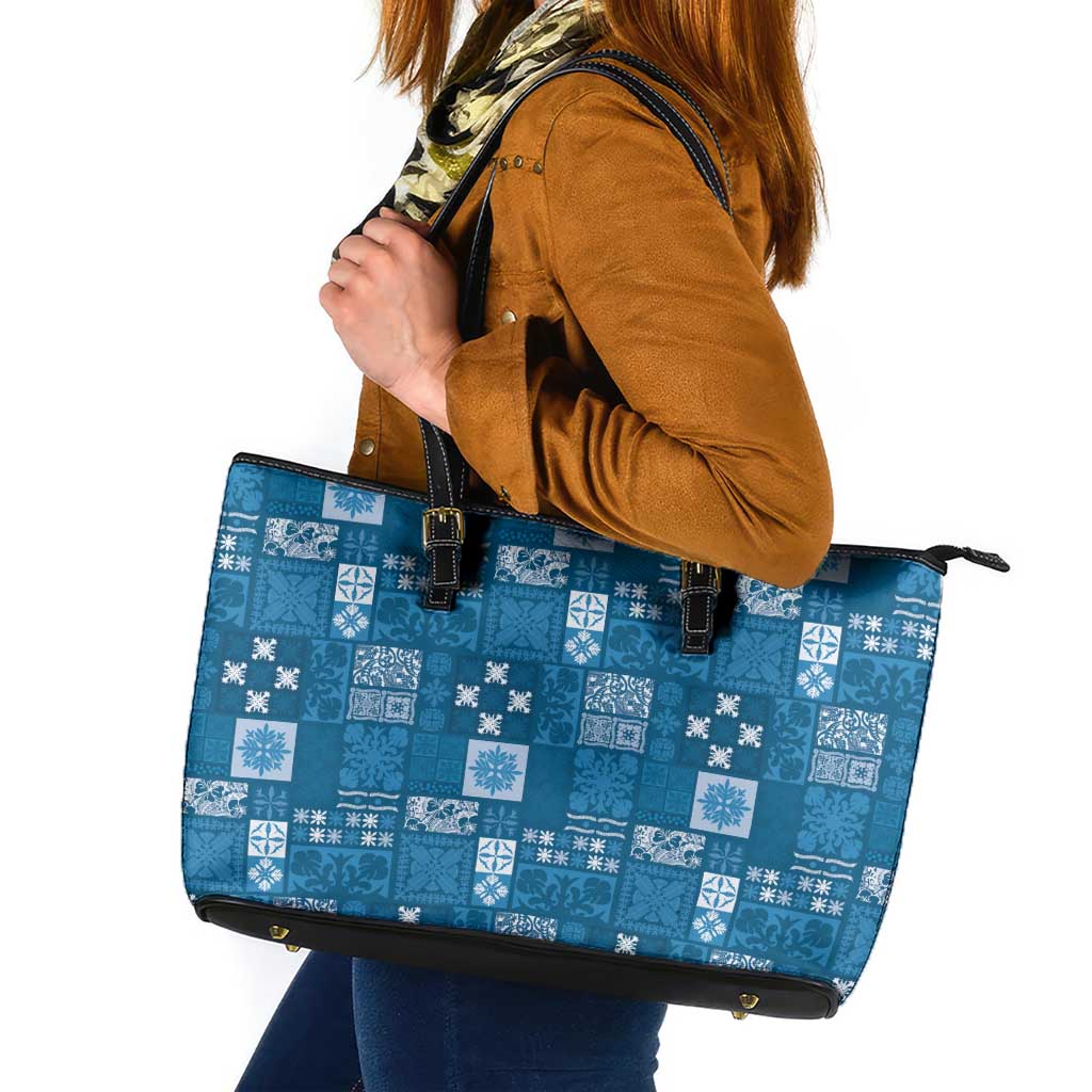 Vintage Hawaiian Quilting Patterns Leather Tote Bag Blue Style Tribal Fabric Patchwork - Polynesian Pride