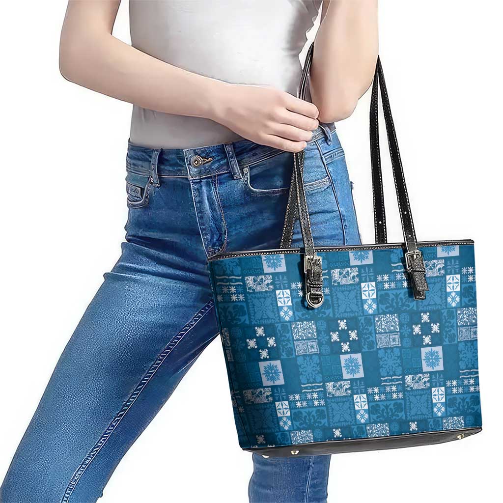 Vintage Hawaiian Quilting Patterns Leather Tote Bag Blue Style Tribal Fabric Patchwork - Polynesian Pride