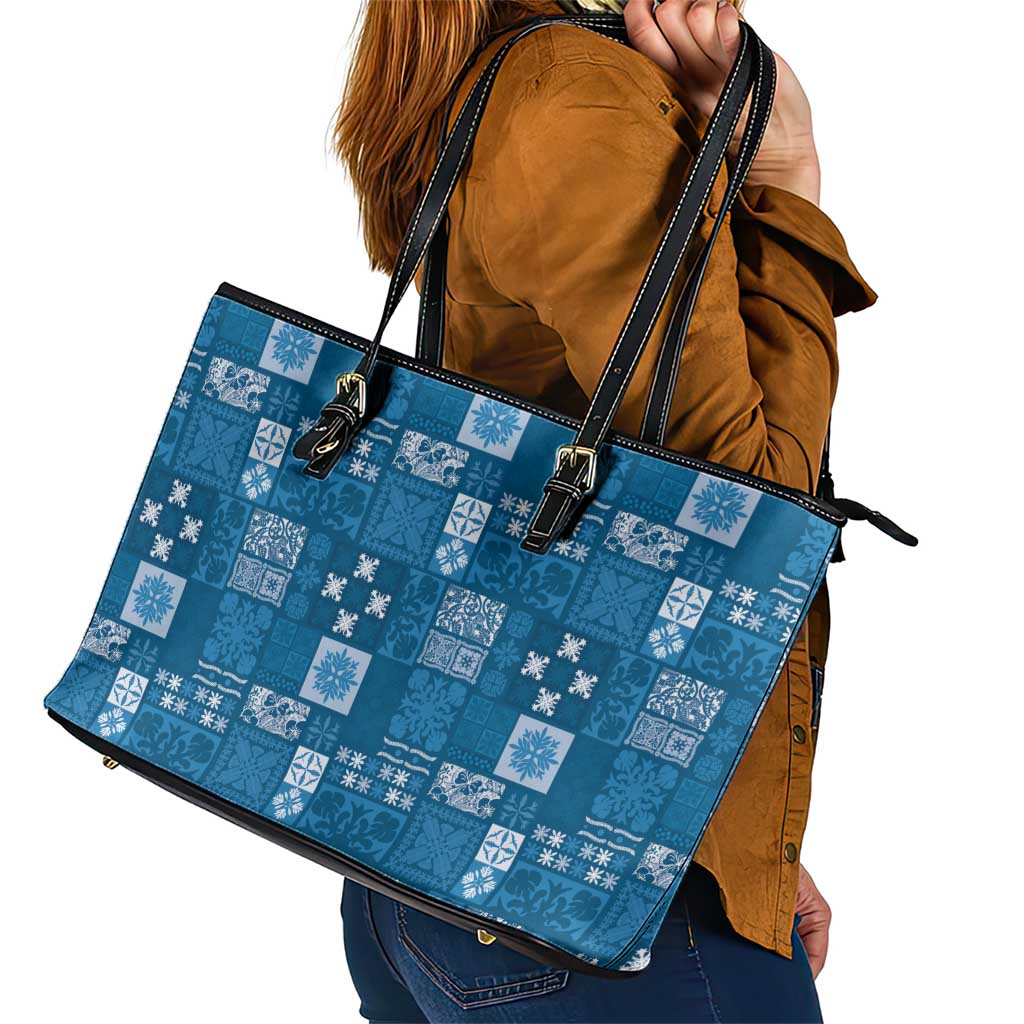 Vintage Hawaiian Quilting Patterns Leather Tote Bag Blue Style Tribal Fabric Patchwork - Polynesian Pride