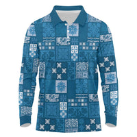 Vintage Hawaiian Quilting Patterns Long Sleeve Polo Shirt Blue Style Tribal Fabric Patchwork - Polynesian Pride