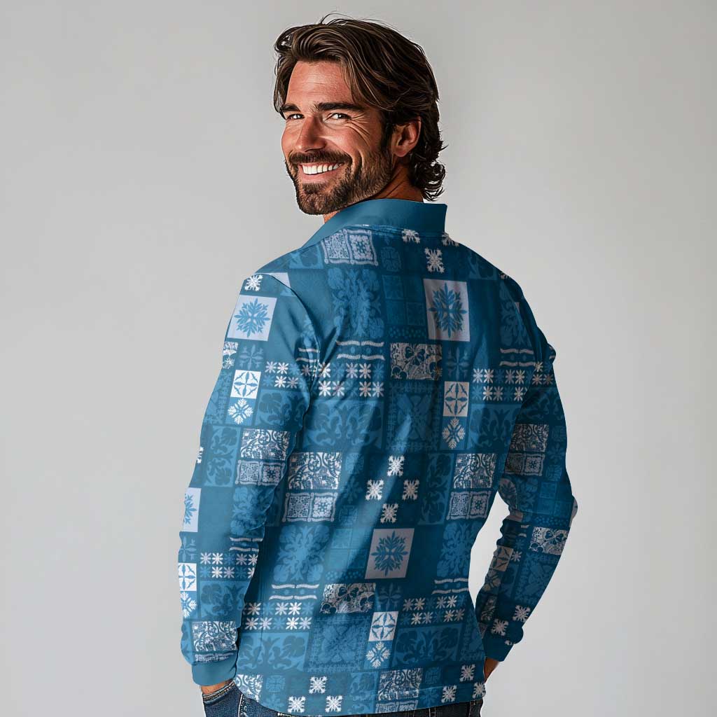 Vintage Hawaiian Quilting Patterns Long Sleeve Polo Shirt Blue Style Tribal Fabric Patchwork - Polynesian Pride