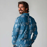 Vintage Hawaiian Quilting Patterns Long Sleeve Polo Shirt Blue Style Tribal Fabric Patchwork - Polynesian Pride