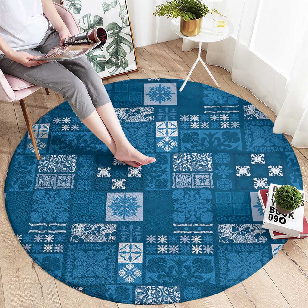 Vintage Hawaiian Quilting Patterns Round Carpet Blue Style Tribal Fabric Patchwork - Polynesian Pride