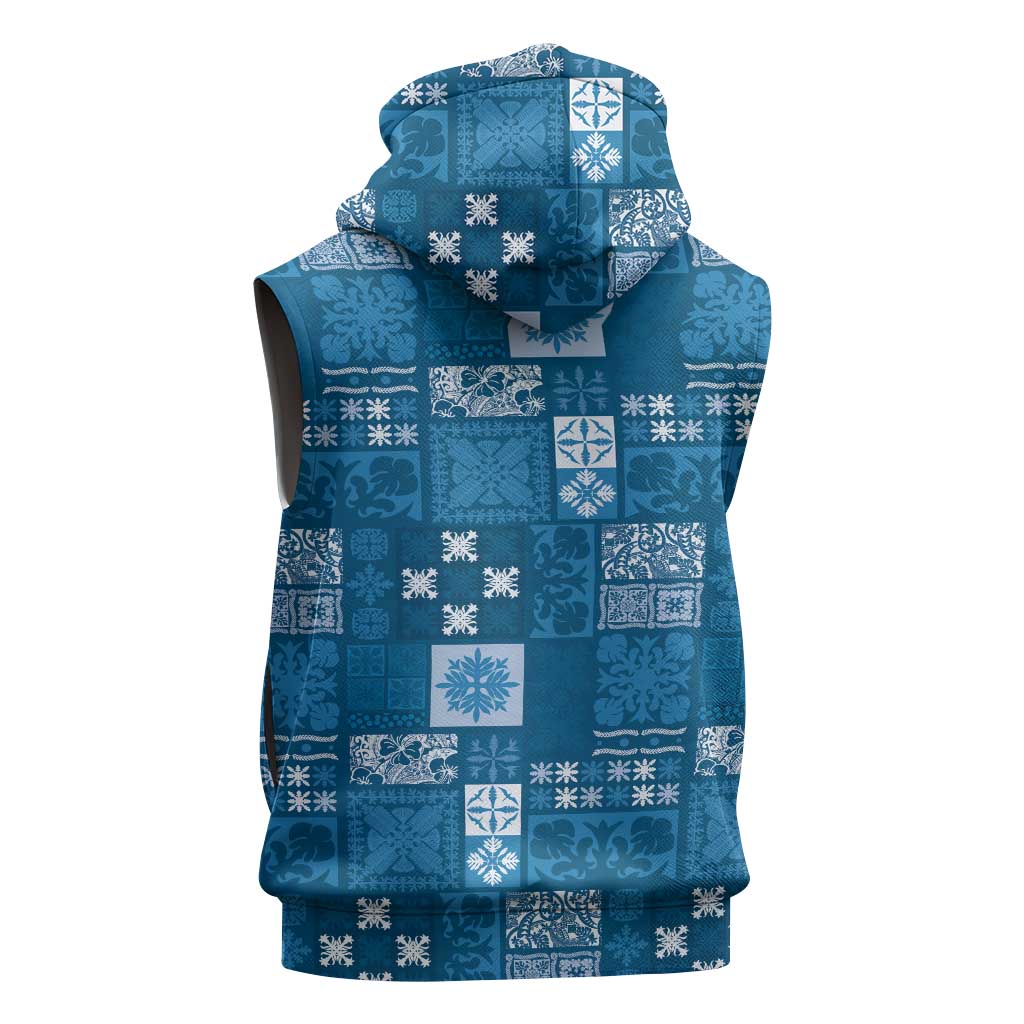 Vintage Hawaiian Quilting Patterns Sleeveless Hoodie Blue Style Tribal Fabric Patchwork - Polynesian Pride