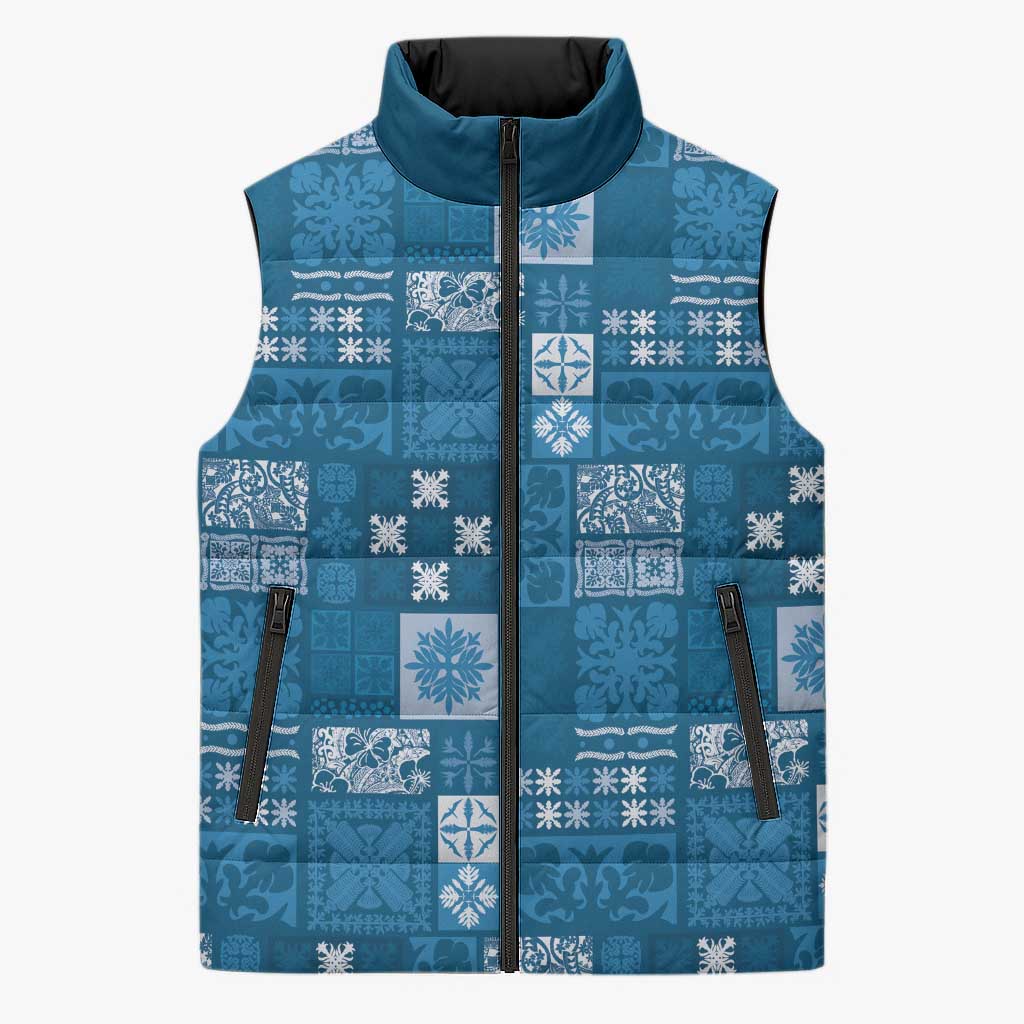 Vintage Hawaiian Quilting Patterns Sleeveless Puffer Jacket Blue Style Tribal Fabric Patchwork - Polynesian Pride
