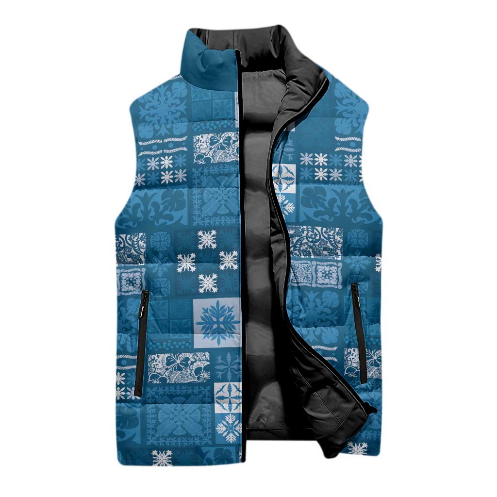 Vintage Hawaiian Quilting Patterns Sleeveless Puffer Jacket Blue Style Tribal Fabric Patchwork - Polynesian Pride