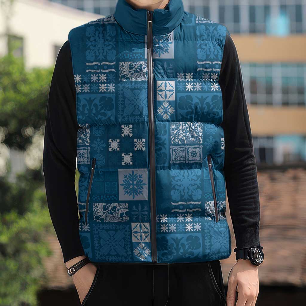 Vintage Hawaiian Quilting Patterns Sleeveless Puffer Jacket Blue Style Tribal Fabric Patchwork - Polynesian Pride