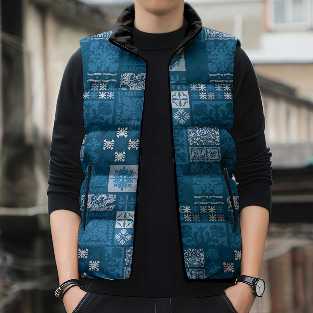 Vintage Hawaiian Quilting Patterns Sleeveless Puffer Jacket Blue Style Tribal Fabric Patchwork - Polynesian Pride