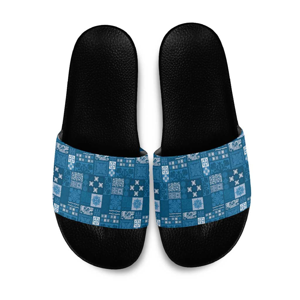 Vintage Hawaiian Quilting Patterns Slide Sandals Blue Style Tribal Fabric Patchwork - Polynesian Pride