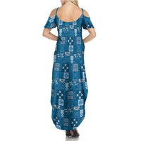 Vintage Hawaiian Quilting Patterns Summer Maxi Dress Blue Style Tribal Fabric Patchwork - Polynesian Pride