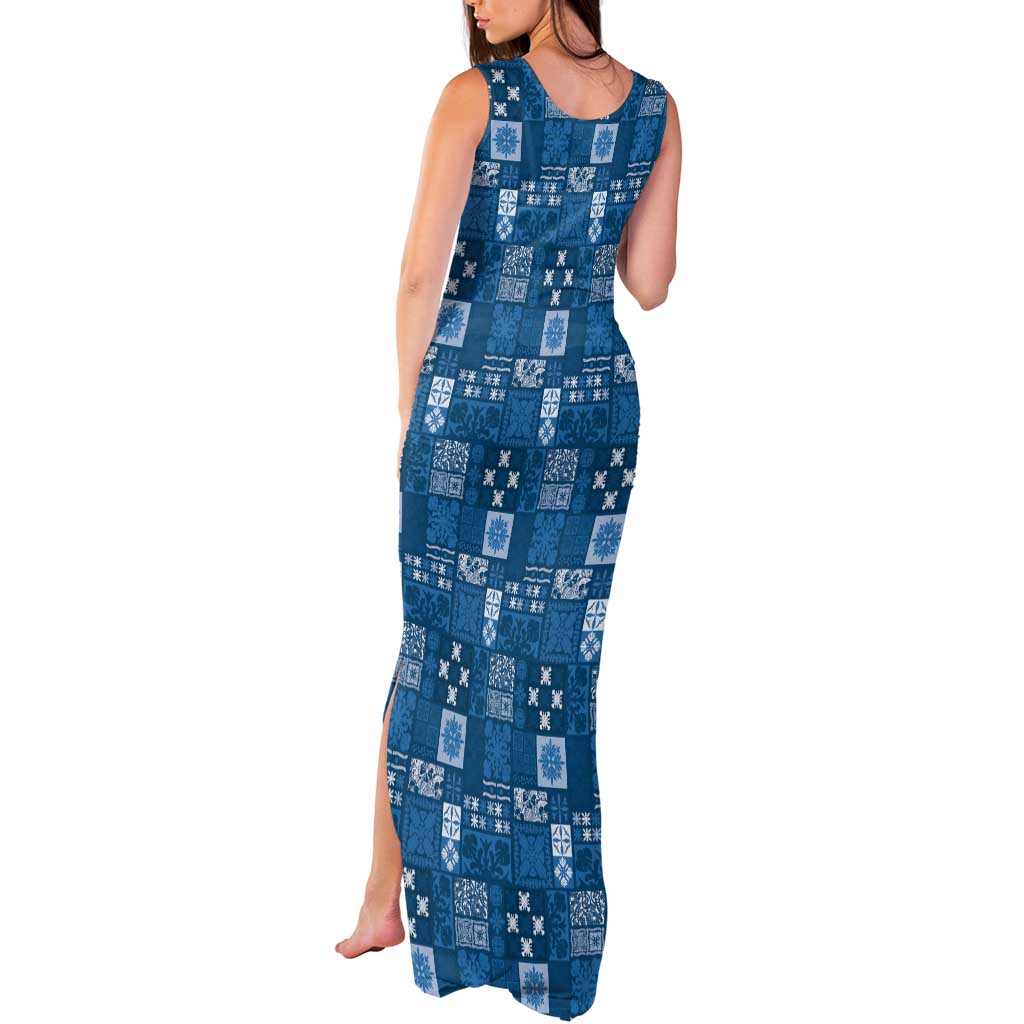 Vintage Hawaiian Quilting Patterns Tank Maxi Dress Blue Style Tribal Fabric Patchwork - Polynesian Pride