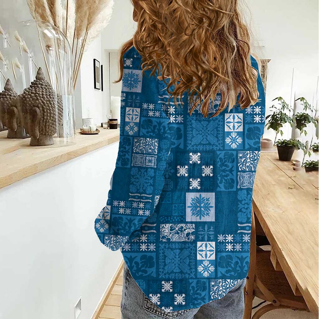Vintage Hawaiian Quilting Patterns Women Casual Shirt Blue Style Tribal Fabric Patchwork - Polynesian Pride
