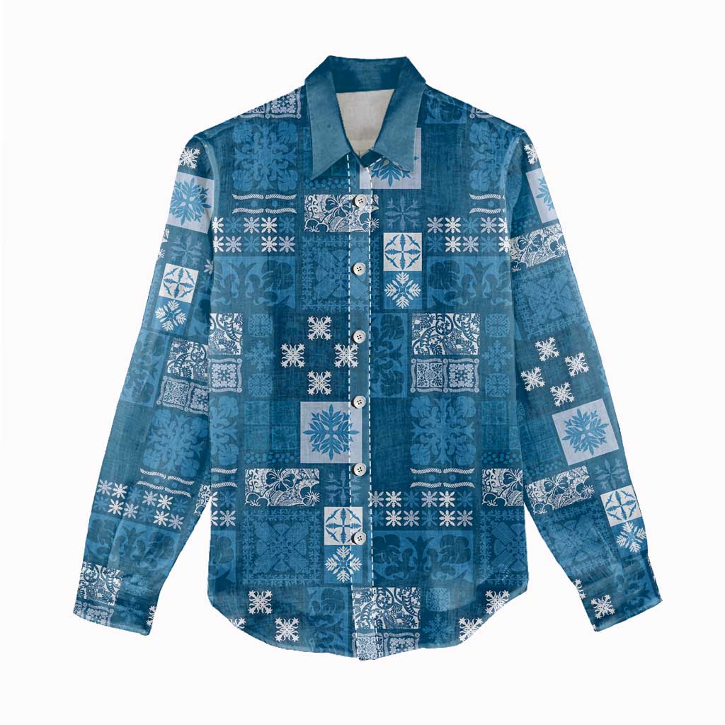 Vintage Hawaiian Quilting Patterns Women Casual Shirt Blue Style Tribal Fabric Patchwork - Polynesian Pride