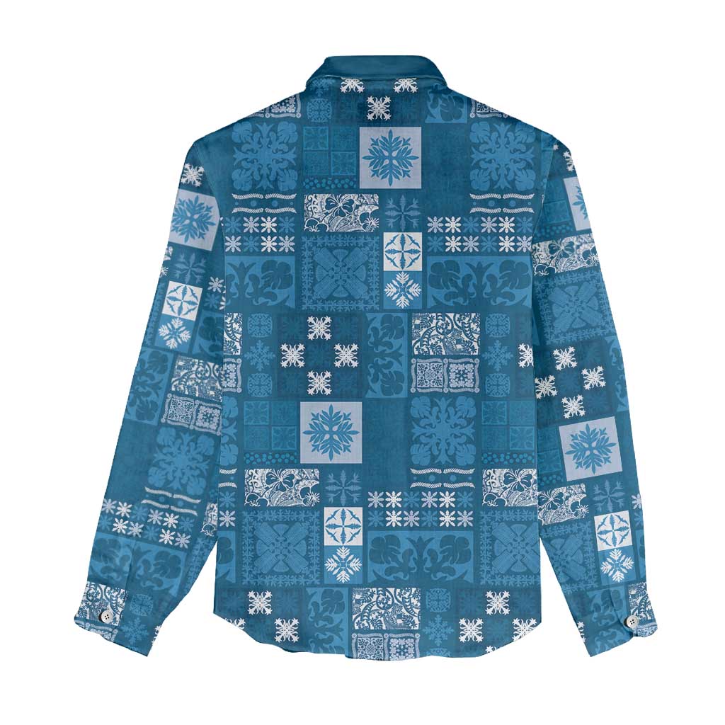 Vintage Hawaiian Quilting Patterns Women Casual Shirt Blue Style Tribal Fabric Patchwork - Polynesian Pride