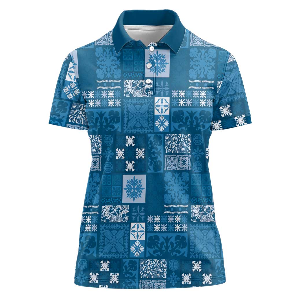 Vintage Hawaiian Quilting Patterns Women Polo Shirt Blue Style Tribal Fabric Patchwork - Polynesian Pride