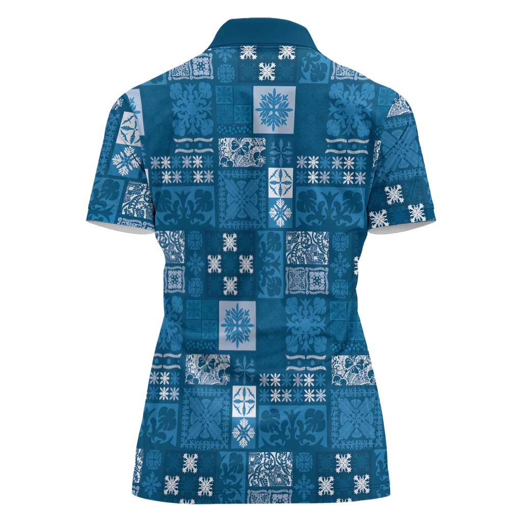 Vintage Hawaiian Quilting Patterns Women Polo Shirt Blue Style Tribal Fabric Patchwork - Polynesian Pride